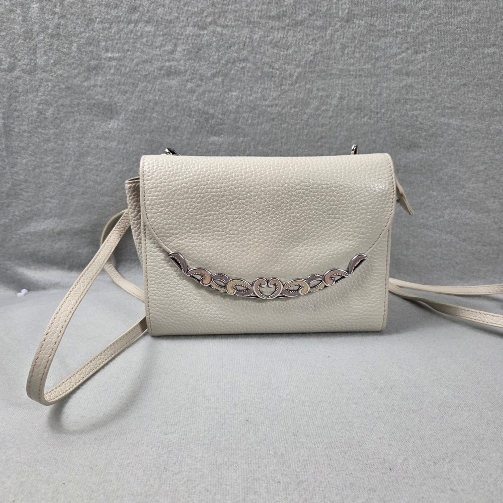Brighton Crossbody Organizer Bag Womens Small Cream Good Pebbled Leather Scroll